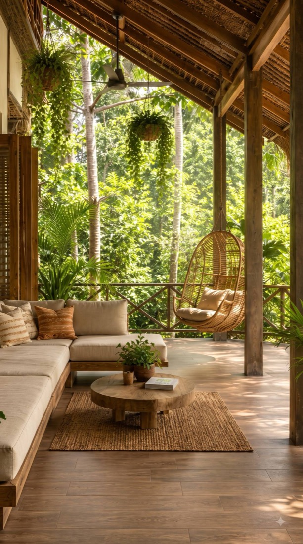 Hiên nhà gỗ giữa vòm cây, ghế võng mây và sofa, nơi người ta dừng chân