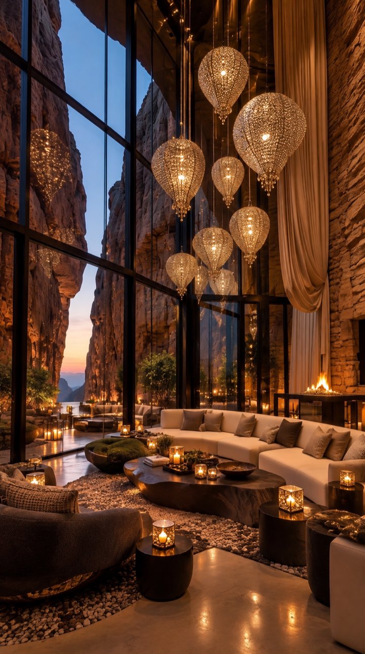 Sảnh lounge kính cao với đèn lồng