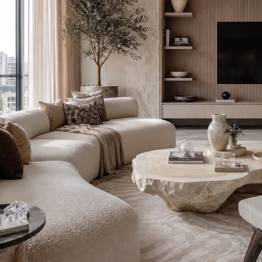 Bàn phòng khách đá hữu cơ, Buổi sáng, sofa cong